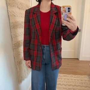 VINTAGE Wool Blend Red Gray and Black Tartan Plaid Blazer Jacket | Size Small